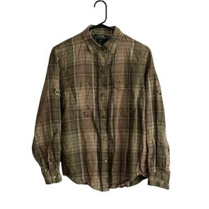 Lauren Ralph Lauren Shirt Med 100% Linen Army Green Gold Detail Gorpcore Y2K